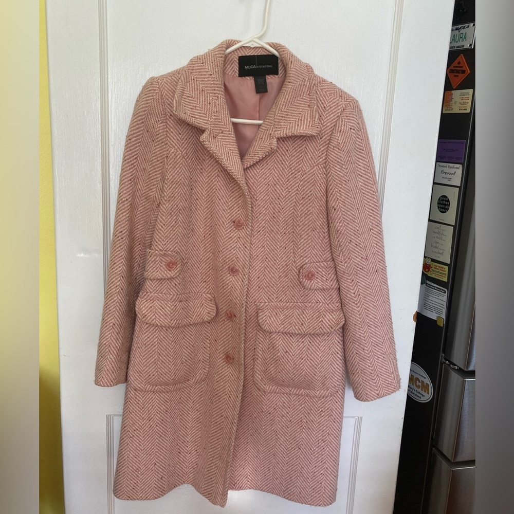 Winter coat by Moda International. Pink and white herringbone design